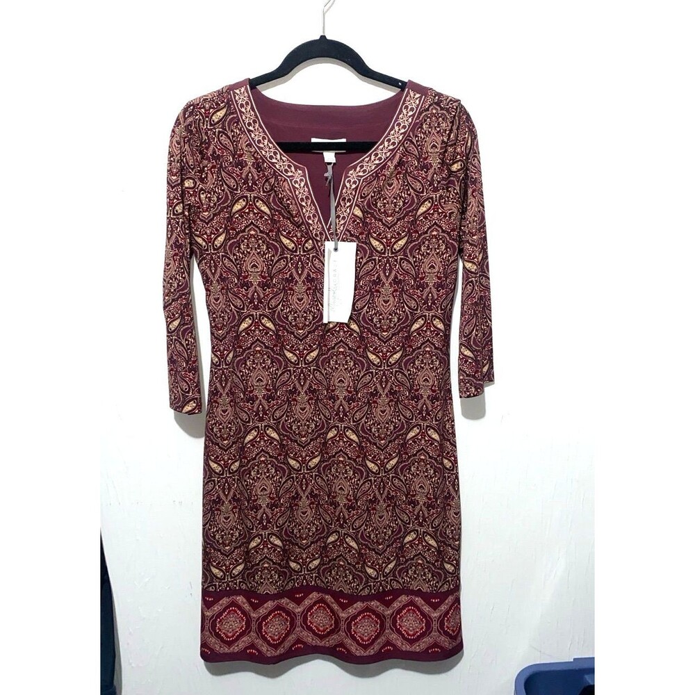 Magnolia Grace Women’s Paisley Print Dress Size S, Burgundy & Gold, 3/4 Sleeve
